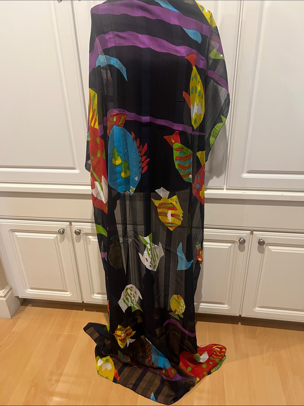 Black Sheer Printed Extra Large Scarf with Colorful Fish Motifi